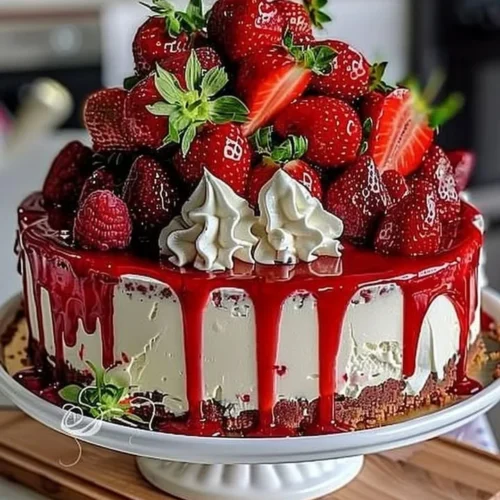 Delicious Velvet Strawberry Cheesecake topped with fresh strawberries