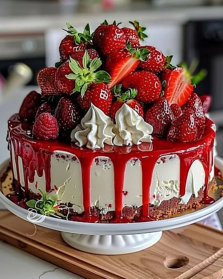 Delicious Velvet Strawberry Cheesecake topped with fresh strawberries