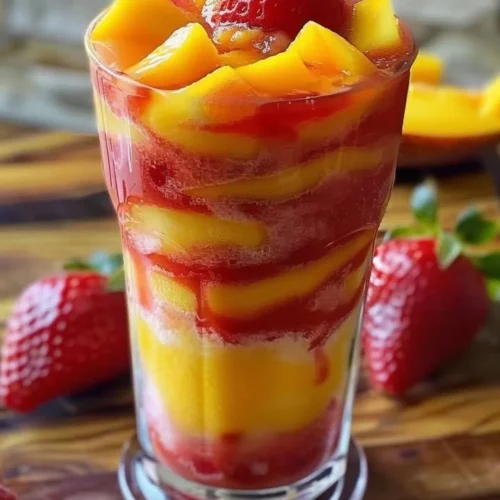 Refreshing mango strawberry slushies swirled together in a vibrant drink