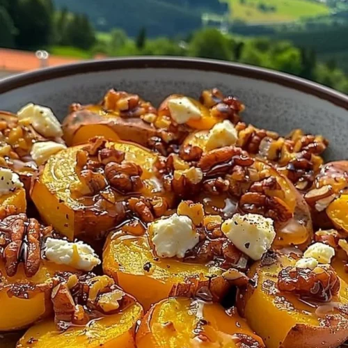 Walnut maple goat cheese roasted sweet potatoes on a serving plate