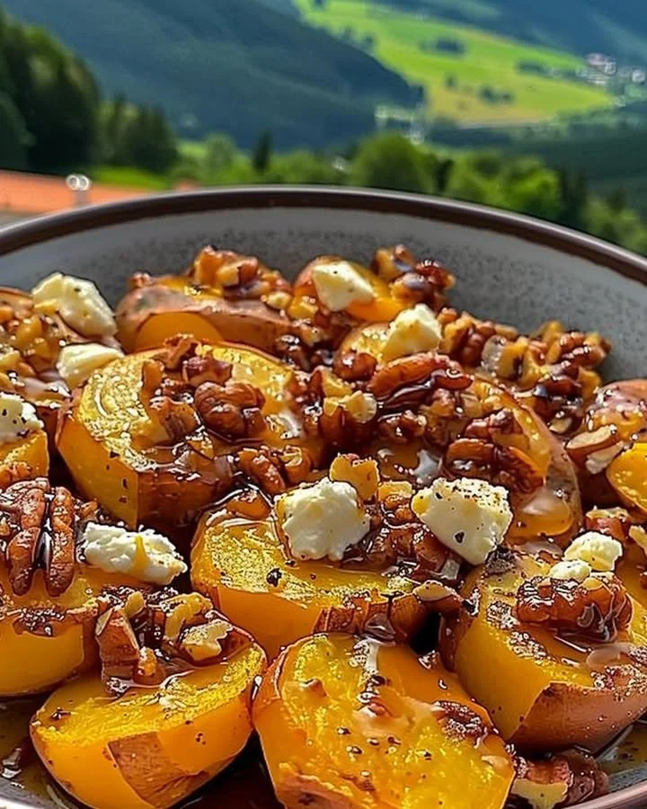 Walnut maple goat cheese roasted sweet potatoes on a serving plate