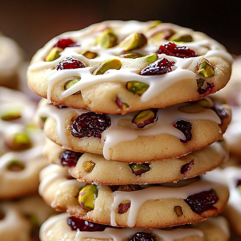 Delicious white chocolate drizzled cranberry-pistachio shortbread cookies
