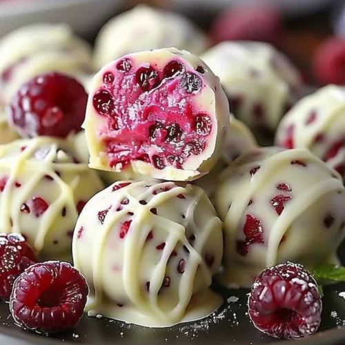 Delicious white chocolate raspberry cheesecake balls displayed on a plate.