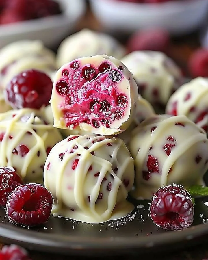 Delicious white chocolate raspberry cheesecake balls displayed on a plate.