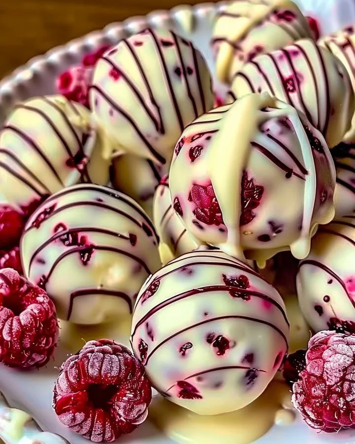 Delicious white chocolate raspberry cheesecake balls on a plate