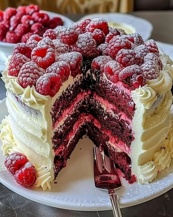 Delicious White Chocolate Raspberry Dream Cake with fresh raspberries and cream