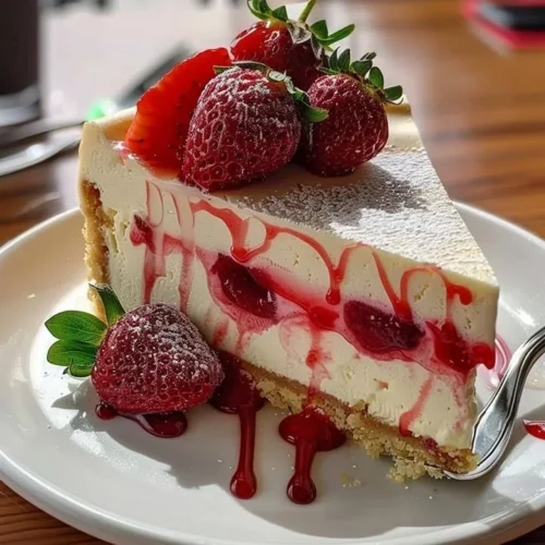 Creamy white chocolate strawberry cheesecake topped with fresh strawberries