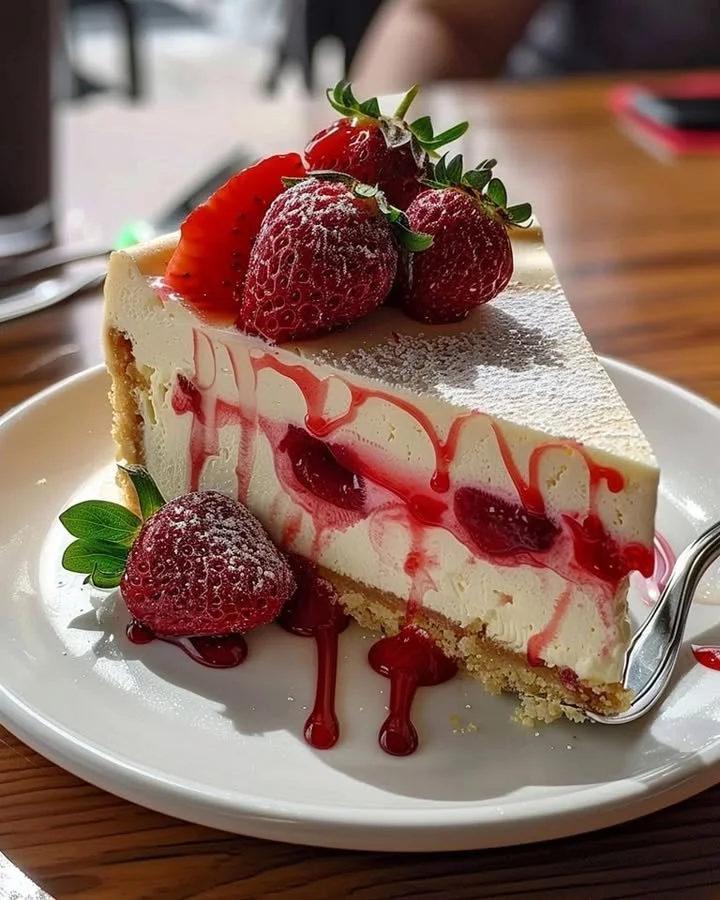 Creamy white chocolate strawberry cheesecake topped with fresh strawberries
