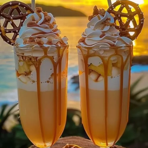 XOXO Caramel Colada cocktail with caramel drizzle and tropical garnishes