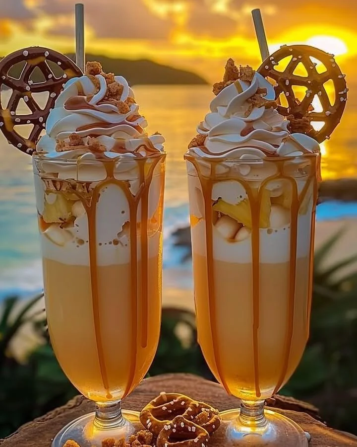 XOXO Caramel Colada cocktail with caramel drizzle and tropical garnishes