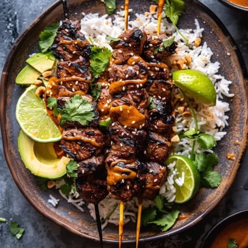 Zesty Thai Peanut Glazed Steak Skewers ready to be grilled and served.