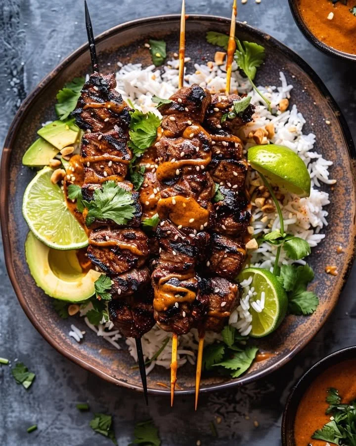 Zesty Thai Peanut Glazed Steak Skewers ready to be grilled and served.
