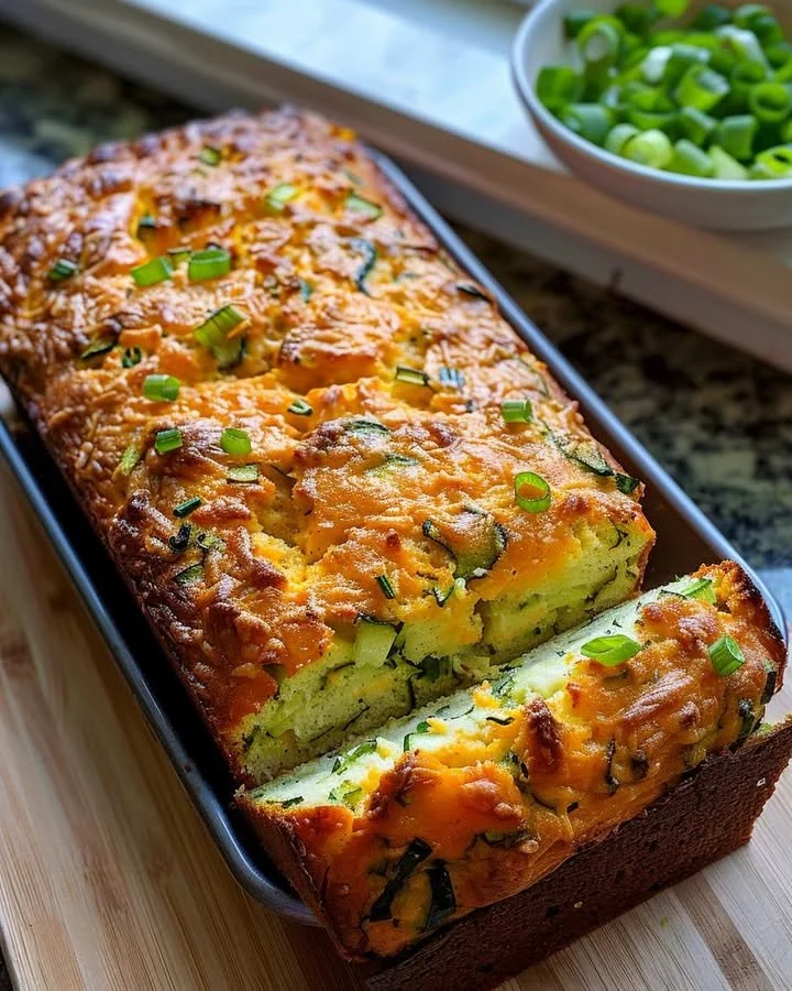 Slices of delicious homemade Zucchini Cheese Bread on a wooden cutting board