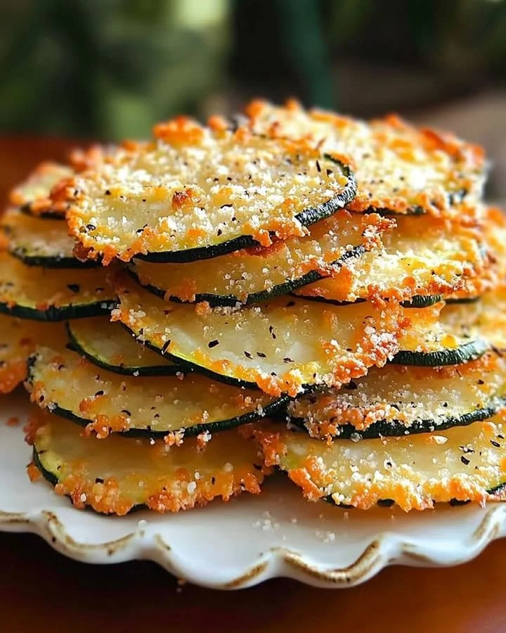 Crispy Zucchini Parmesan Crisps served on a plate, garnished with herbs